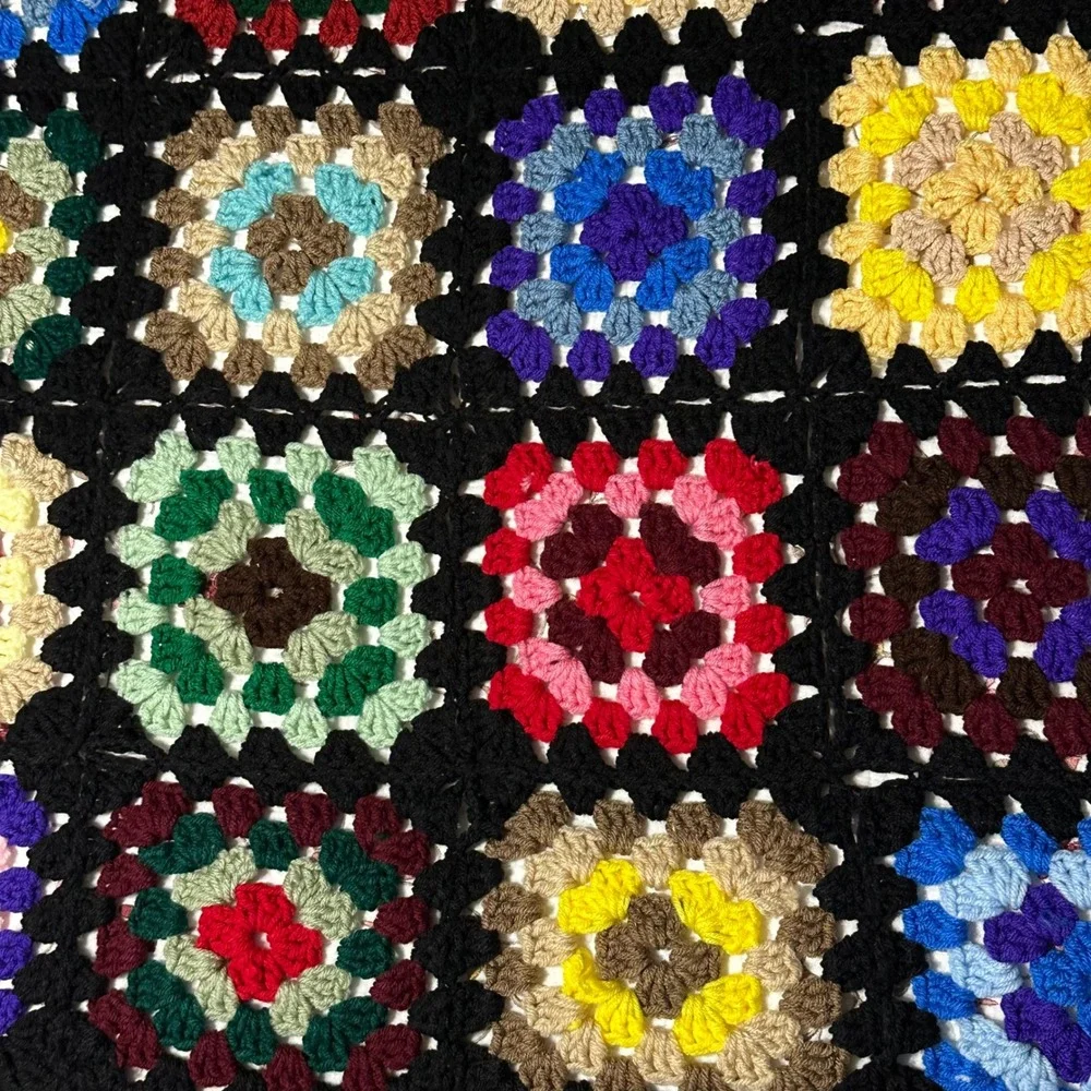 Handmade Crochet Granny Square Afghan Black Multicolor Throw 63x54
